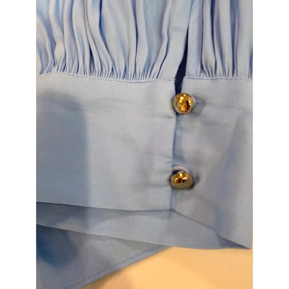Lilly Pulitzer Light Blue Satin Puff Sleeve Blouse Gold Button Cuffs Small‎